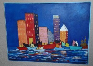 painting of boats and cit buildings